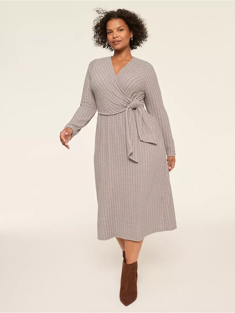 Lane Bryant Taupe Knit Wrap Midi Dress - Long Sleeve